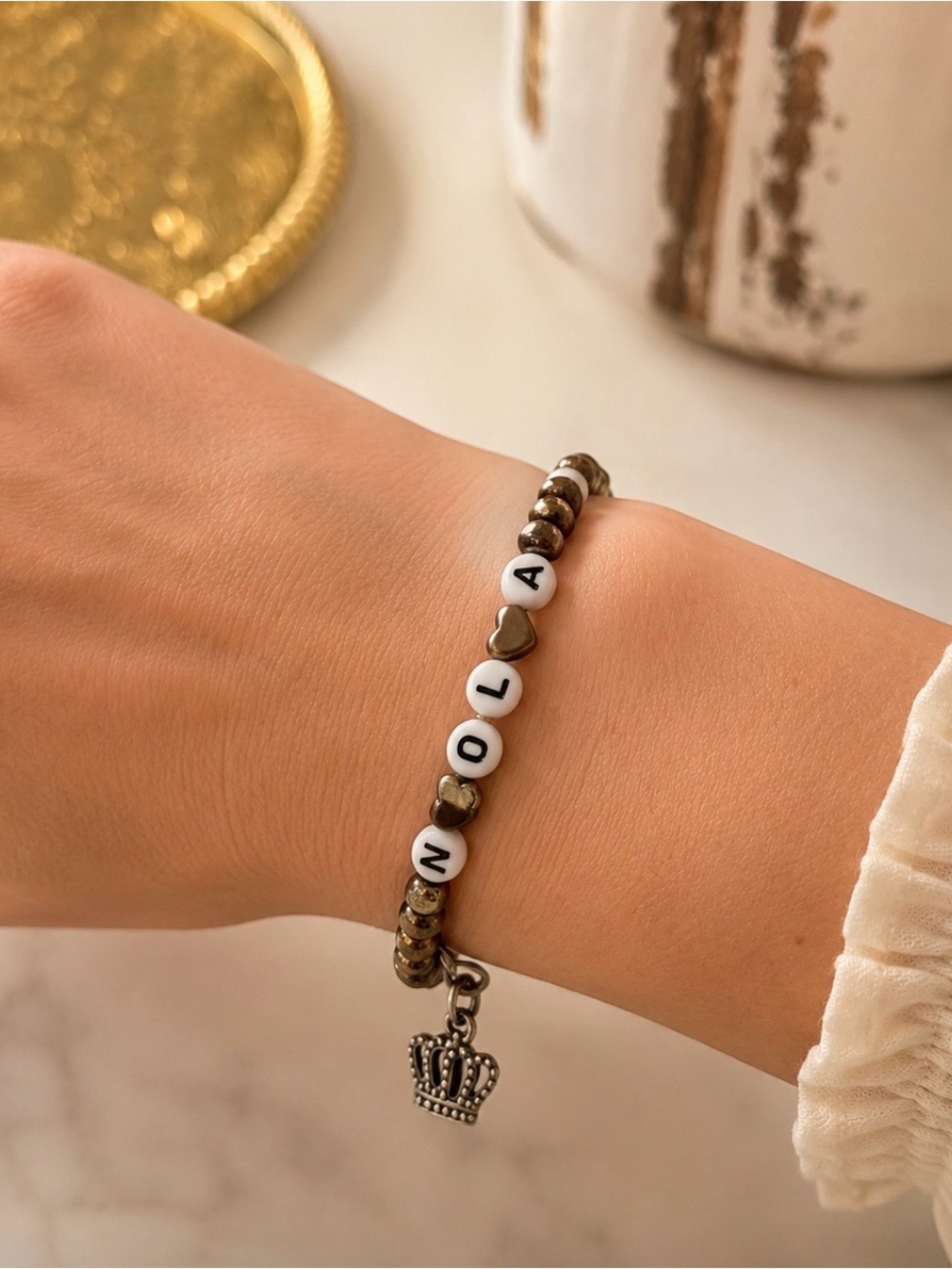 NOLA Crown Charm Beaded Stretch Bracelet | New Orleans | Bronze Tone